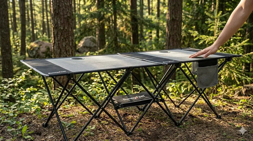 Camping table set up in a forest with a person adjusting it.