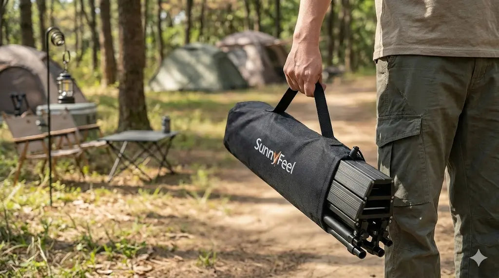 Person carrying a SunnyFeel branded camping chair in a forest setting with tents and outdoor furniture.