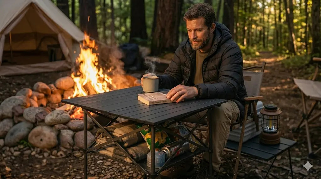 Man reading a book at a campsite with a fire and tent in the background