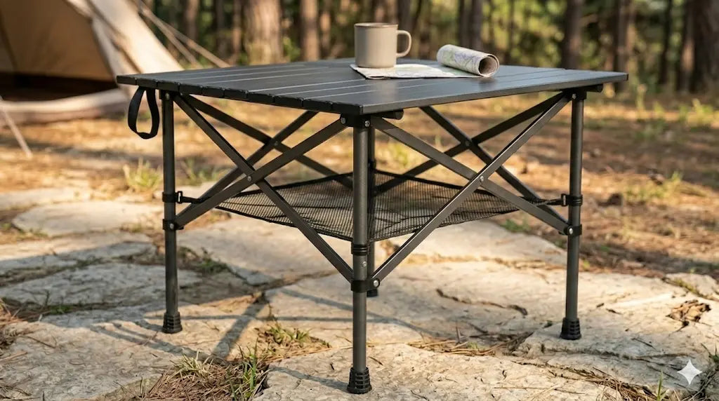Portable camping table with a cup and paper on a stone surface outdoors.