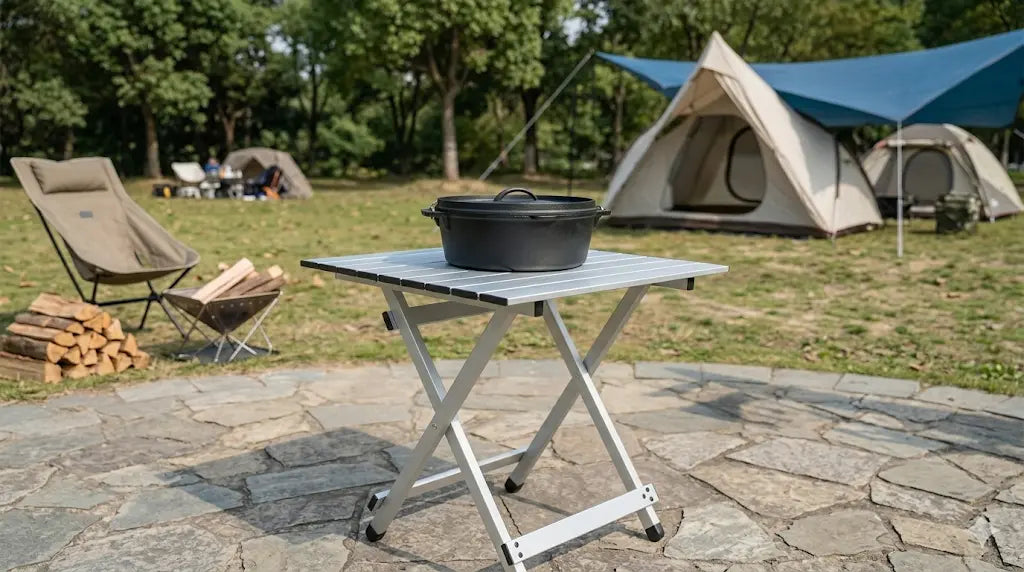Camping scene with a table, pot, and chairs in a tented area.