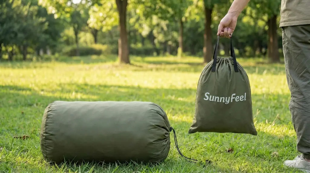 Person holding a green drawstring bag labeled 'SunnyFeel' next to a rolled-up mat on grass.