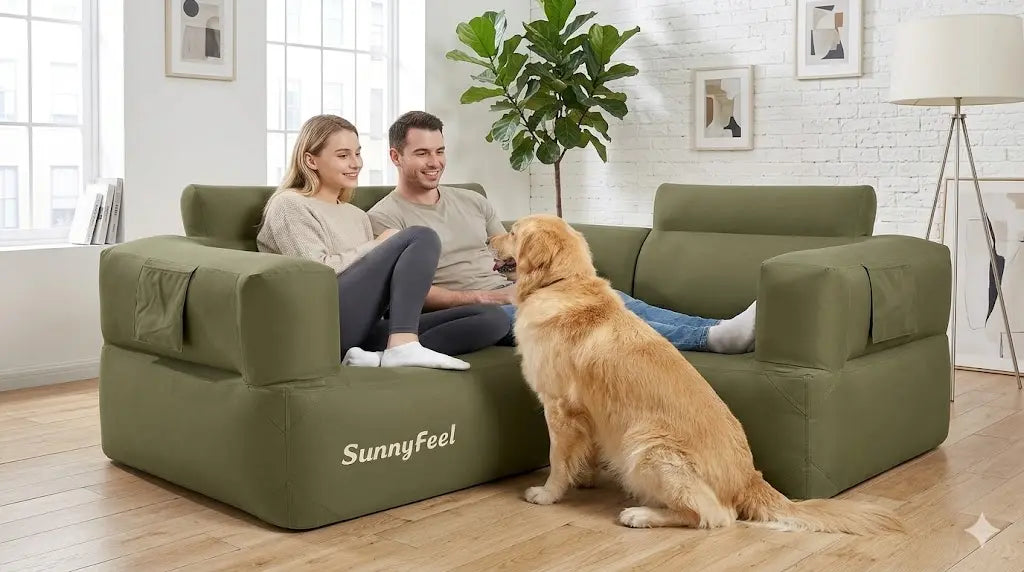 Two people sitting on a green inflatable sofa with a dog in a living room.