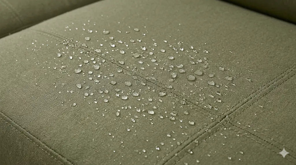 Green fabric with water droplets demonstrating water repellency