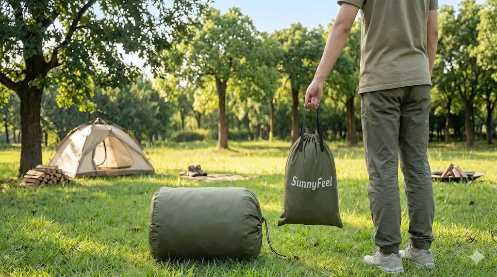 Person with camping gear in a forest setting, including a tent and sleeping bag.