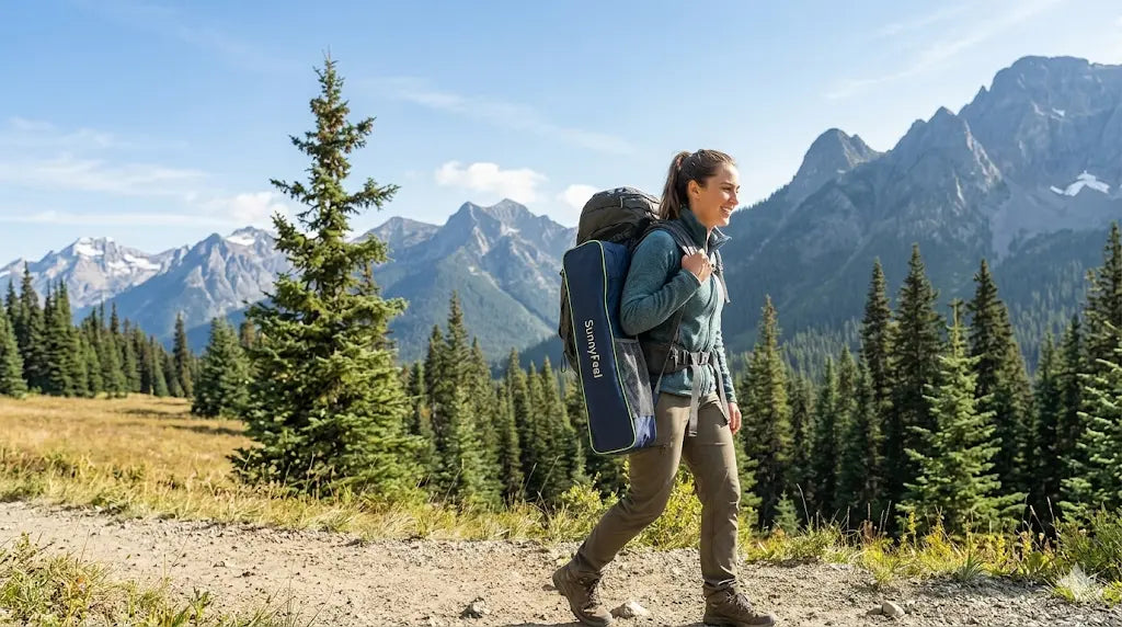 Person hiking in a mountainous area with a backpack and ski board.