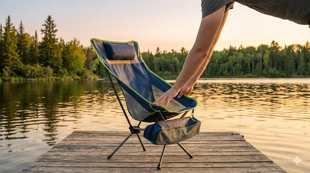 Person setting up a portable chair by a lake at sunset