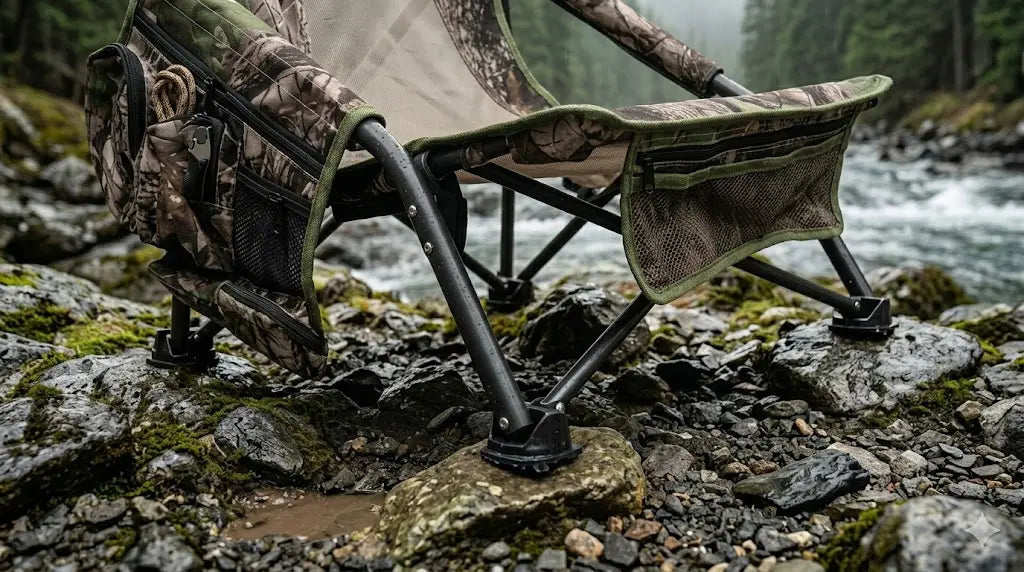 Camouflage folding chair on a rocky riverbank with trees in the background