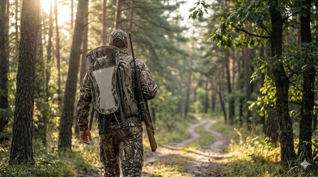 Hunter in camouflage walking through a forest with a rifle