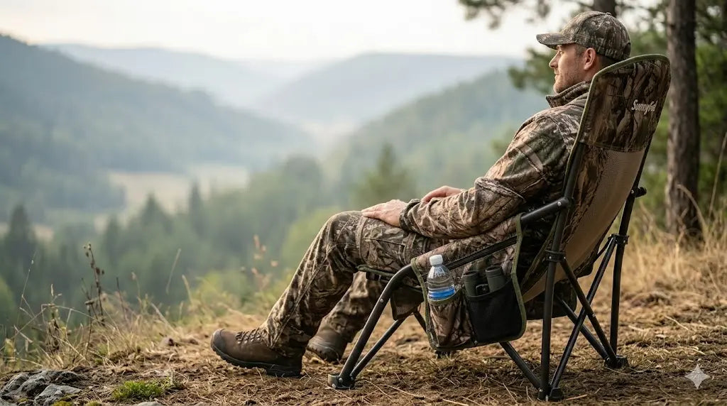 Man in camouflage attire sitting in a folding chair with a scenic mountain view.