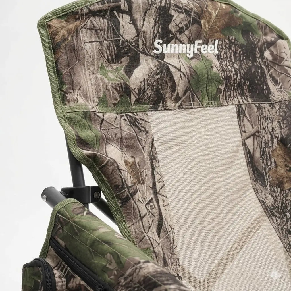 Camouflage-patterned chair with 'SunnyFeel' branding on a white background