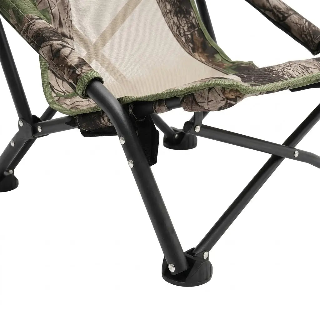 Close-up of a camouflage folding chair with black metal legs on a white background