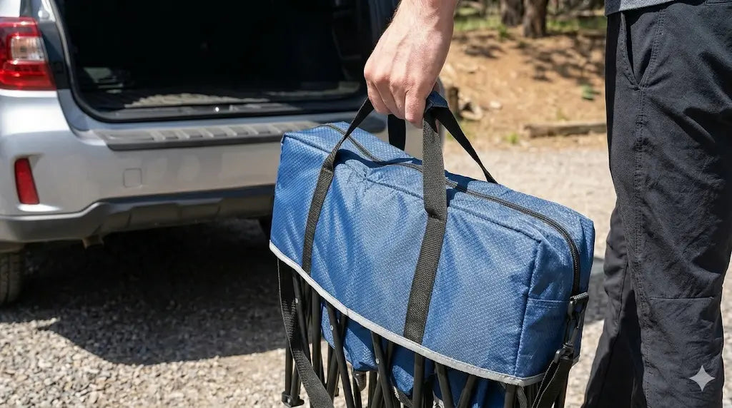 Person loading a blue duffel bag onto a car with a nature background