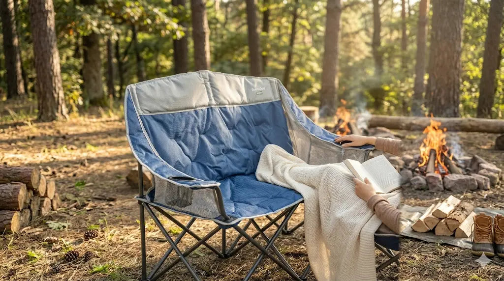 Blue camping chair with a blanket next to a campfire in the woods