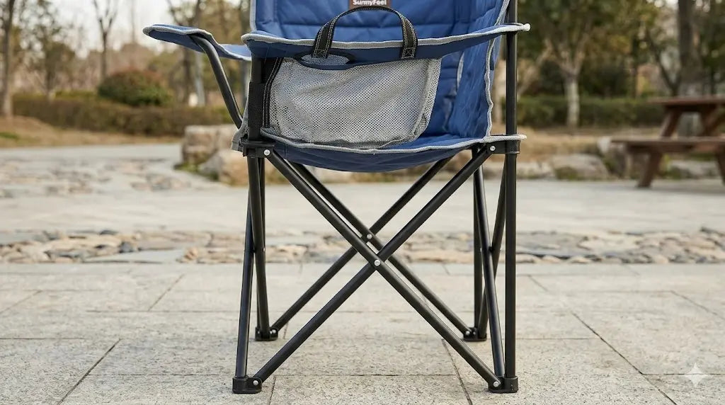 Blue camping chair with black frame on a paved area