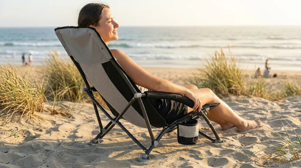 Person sitting on a beach chair by the ocean