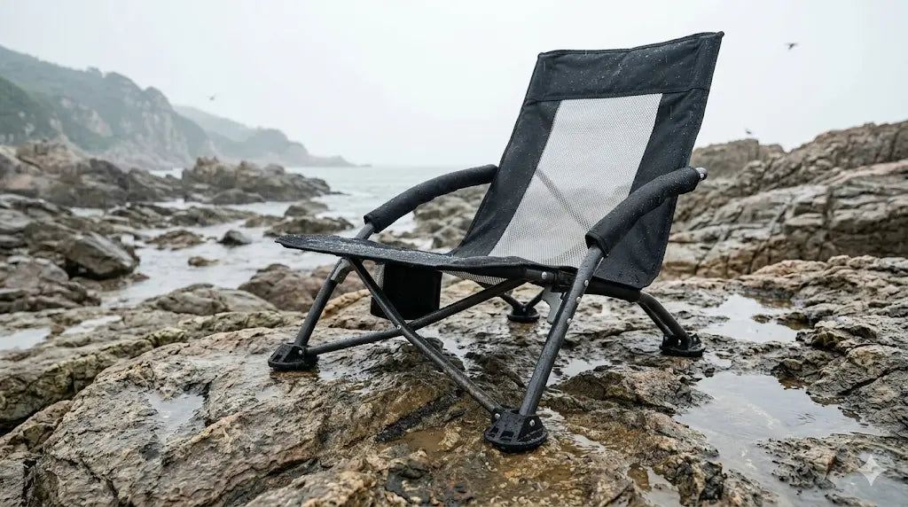 Foldable chair on rocky coastal area with ocean view