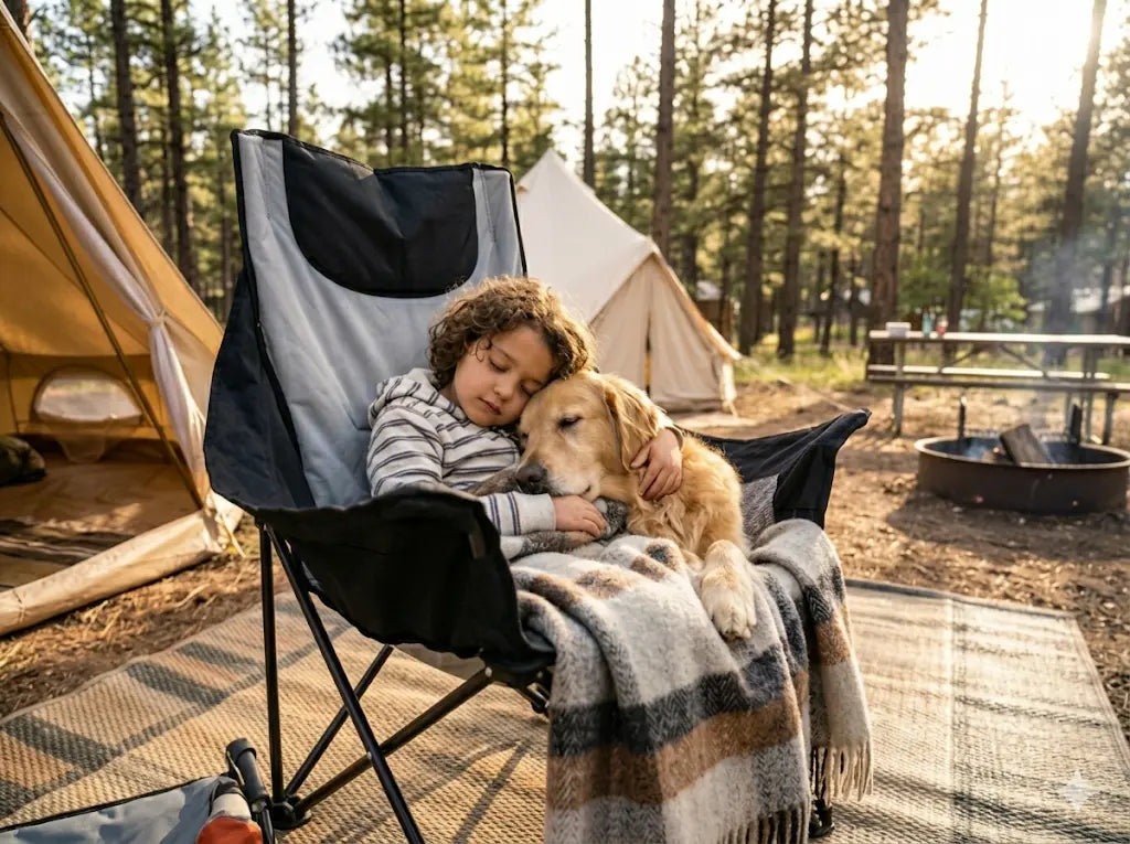 Child and dog sitting on a camping chair with tents and trees in the background