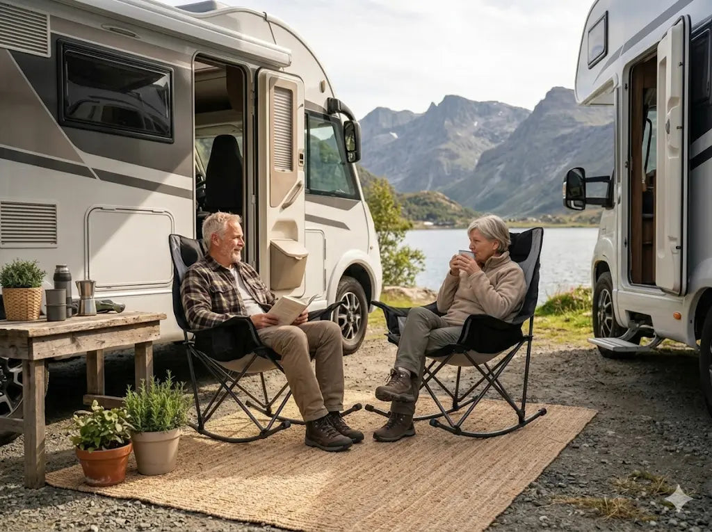 Two people sitting outside two RVs with mountains and a lake in the background