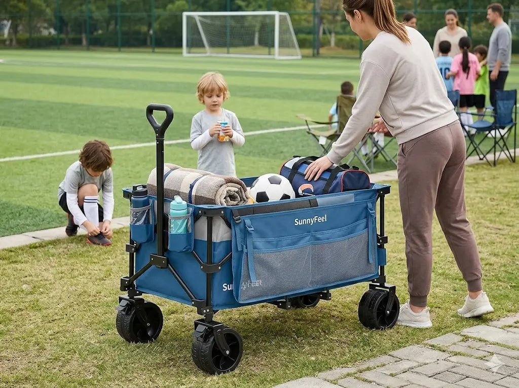 Woman and children with a blue Sunnyfeel wagon on a grassy field.