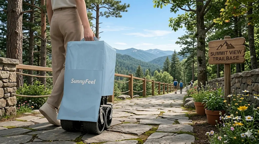 Person pushing a blue SunnyFeel suitcase along a scenic trail with mountains in the background.