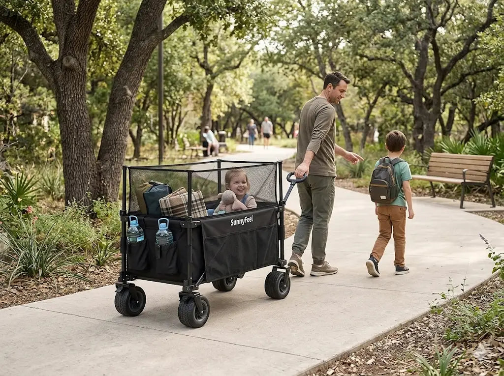 Man pushing a black wagon with children in a park setting