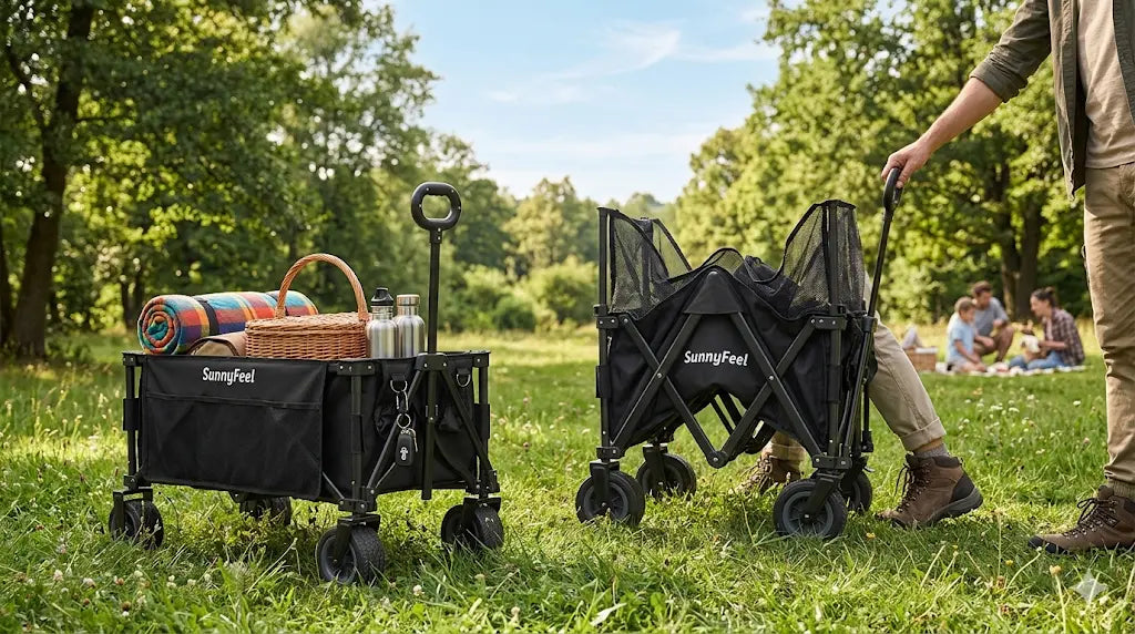 Two folding wagons on grass with picnic items, trees, and people in the background