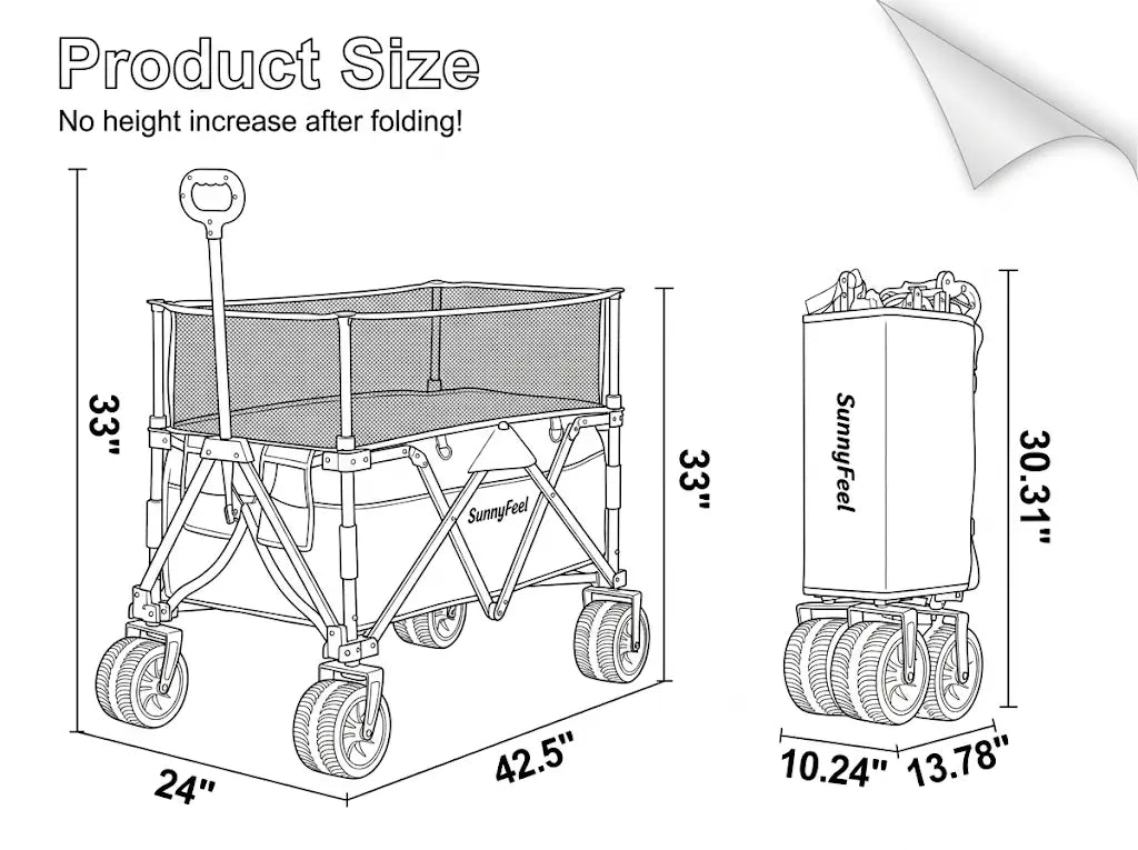 Diagram showing the dimensions of a folding cart with and without its cover.