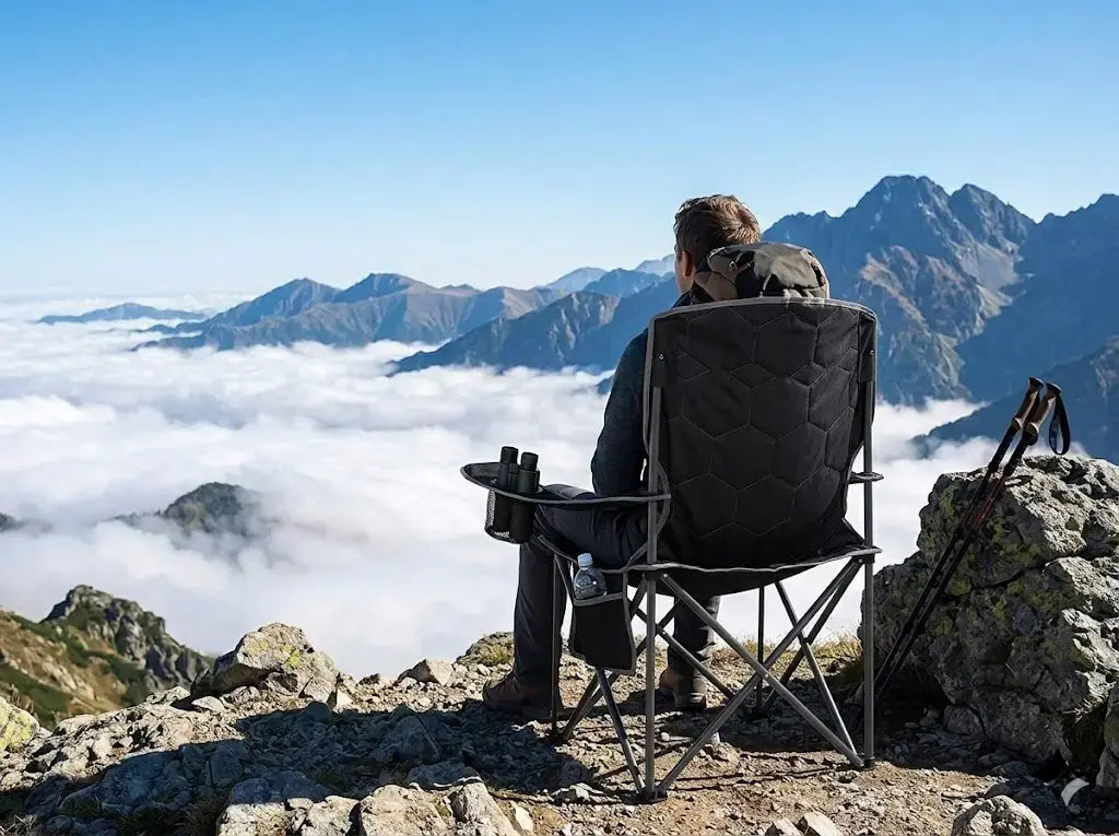 Person sitting in a folding chair on a mountain top, looking at clouds and mountains.