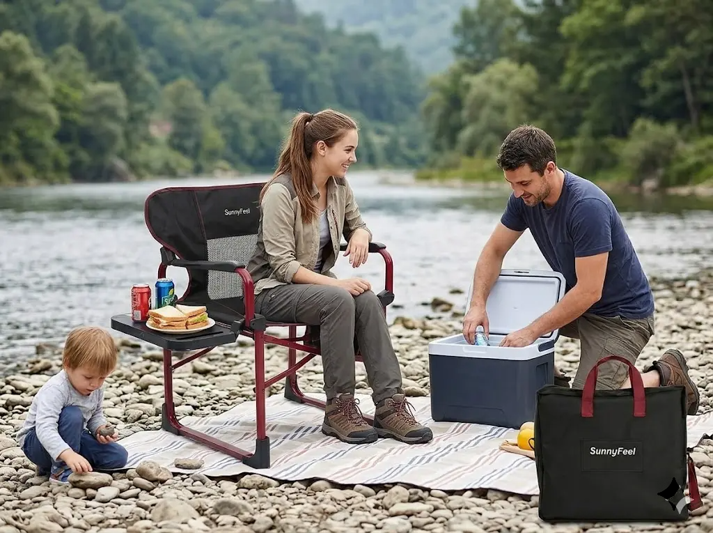 Family by a river with outdoor furniture and cooler