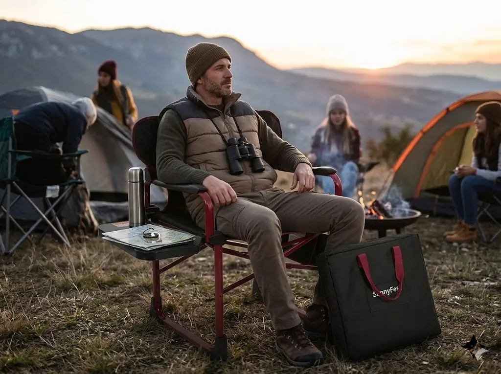Person sitting on a chair with camping gear and people in the background
