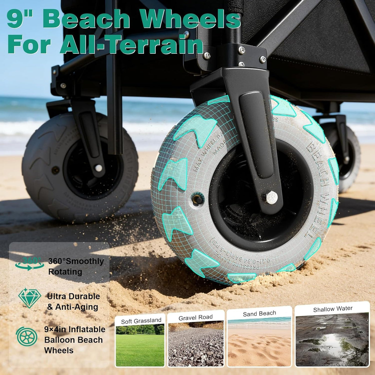 SUNNYFEEL Beach Wagon with Balloon Tires – 550 lb Capacity Foldable Sand Cart
