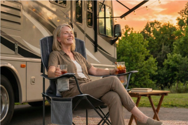 Woman sitting in a chair by an RV with drinks, surrounded by nature.