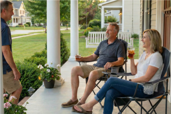 Two men and a woman sitting on a porch, enjoying drinks together.