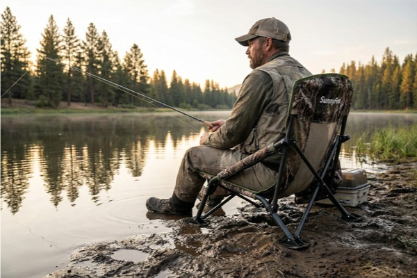 Man fishing from a chair by a lake with trees in the background