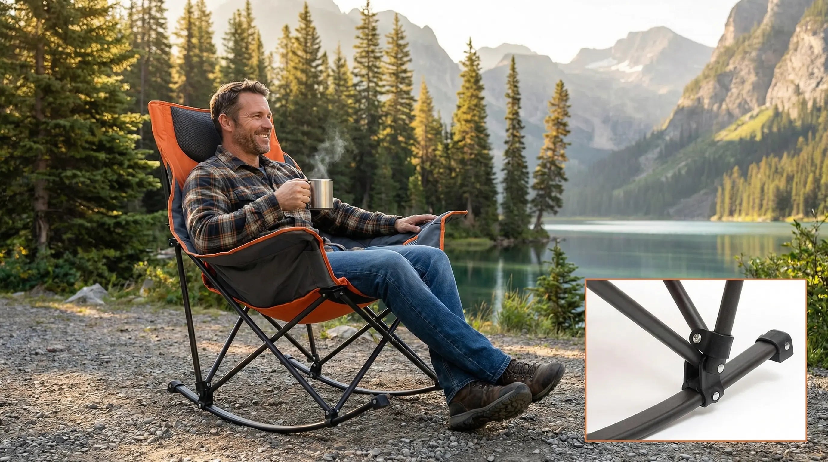 Man sitting in a camping chair by a lake with a close-up of the chair's leg mechanism.