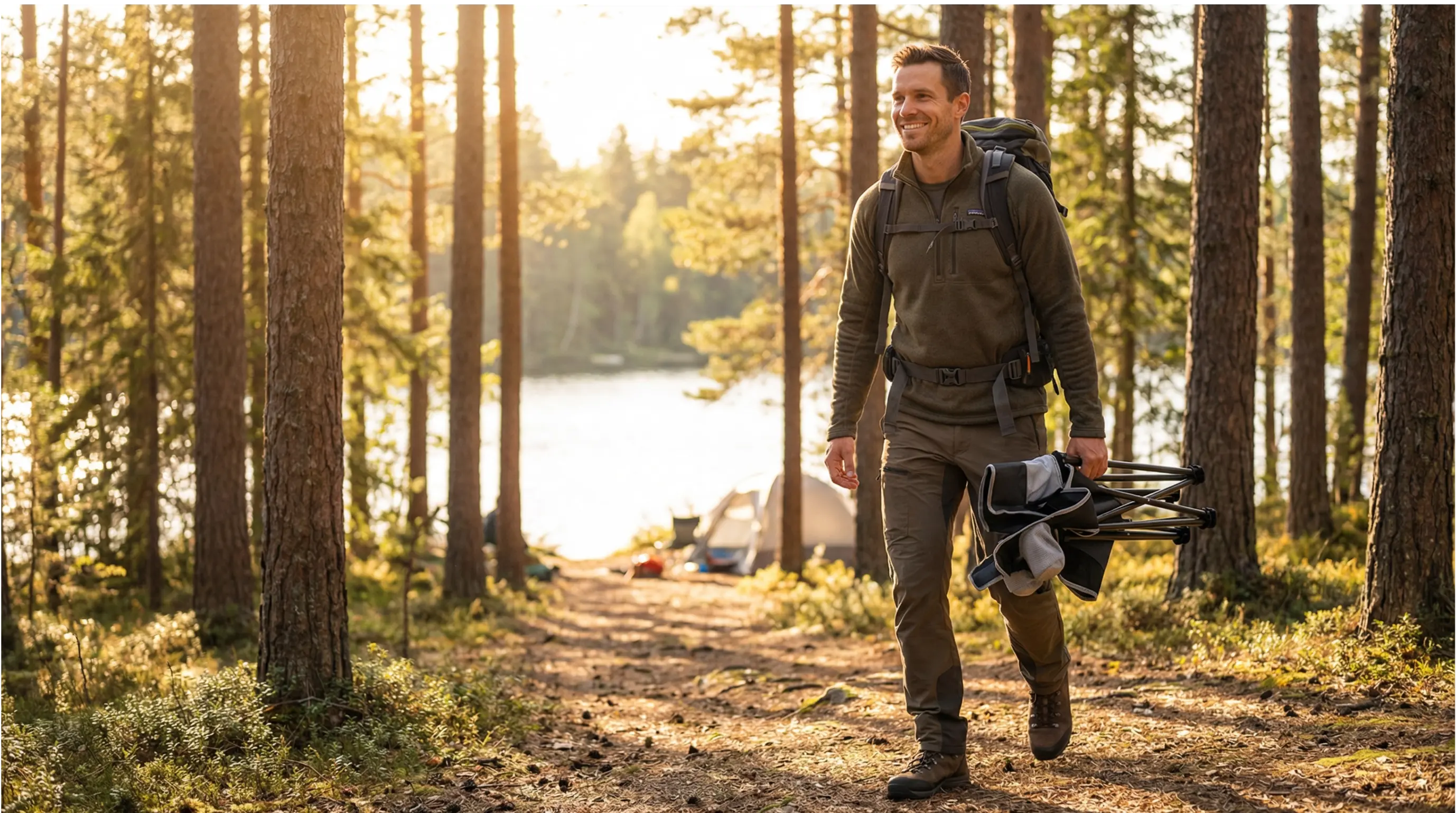 Man walking through a forest with a backpack and fishing gear, sunset or sunrise.