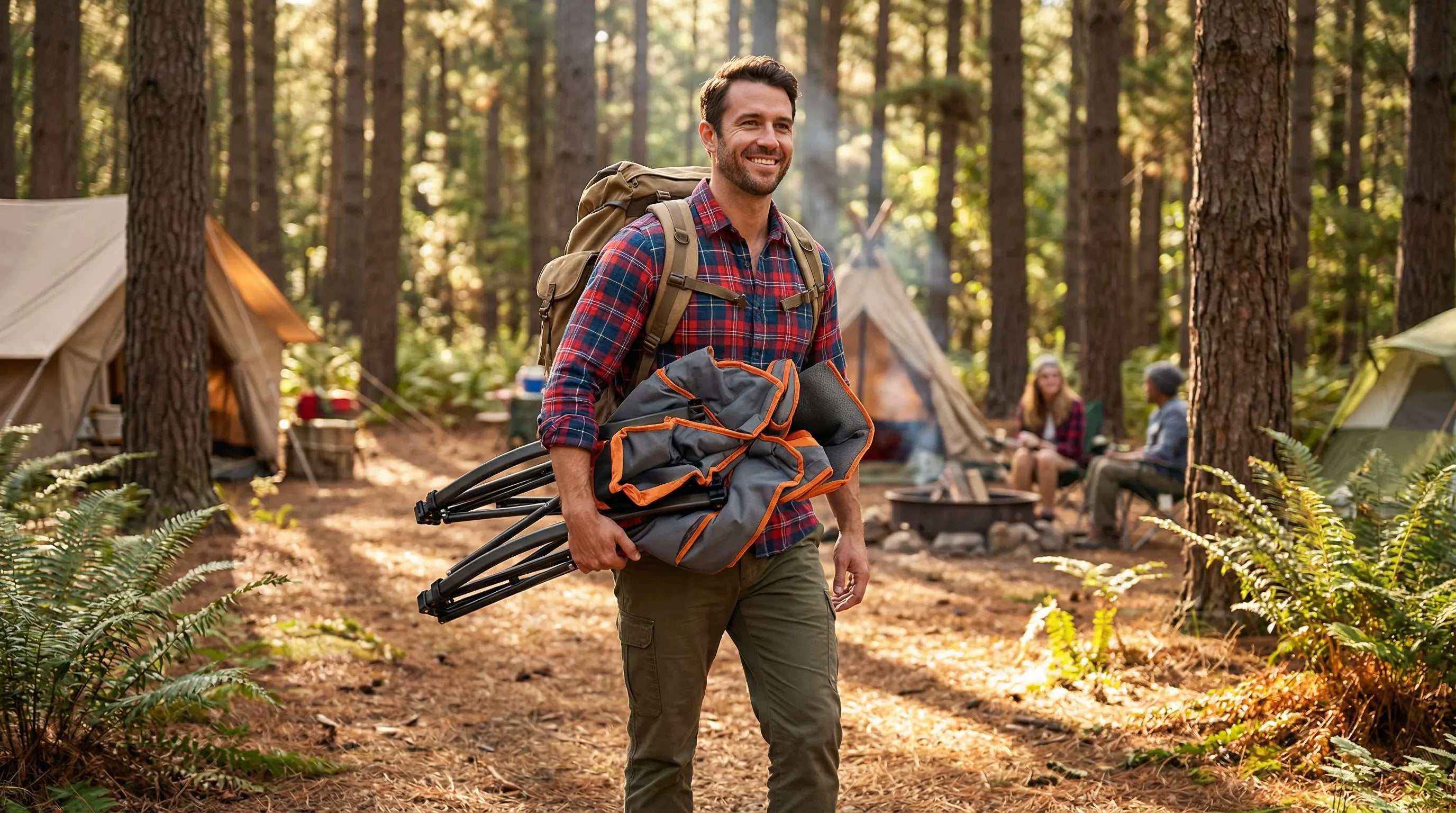 Man with camping gear walking through a forest with tents in the background