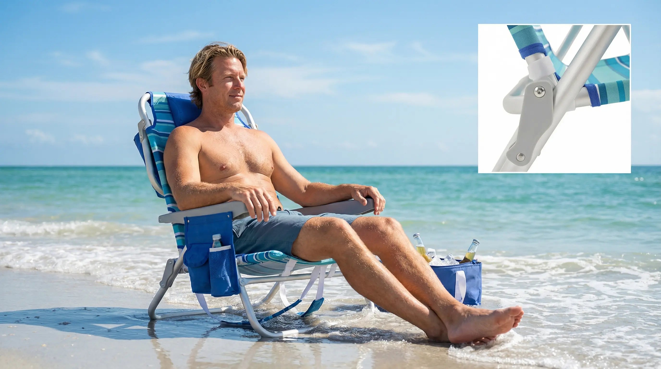 Man sitting on a beach chair by the ocean with a close-up of the chair's leg mechanism.