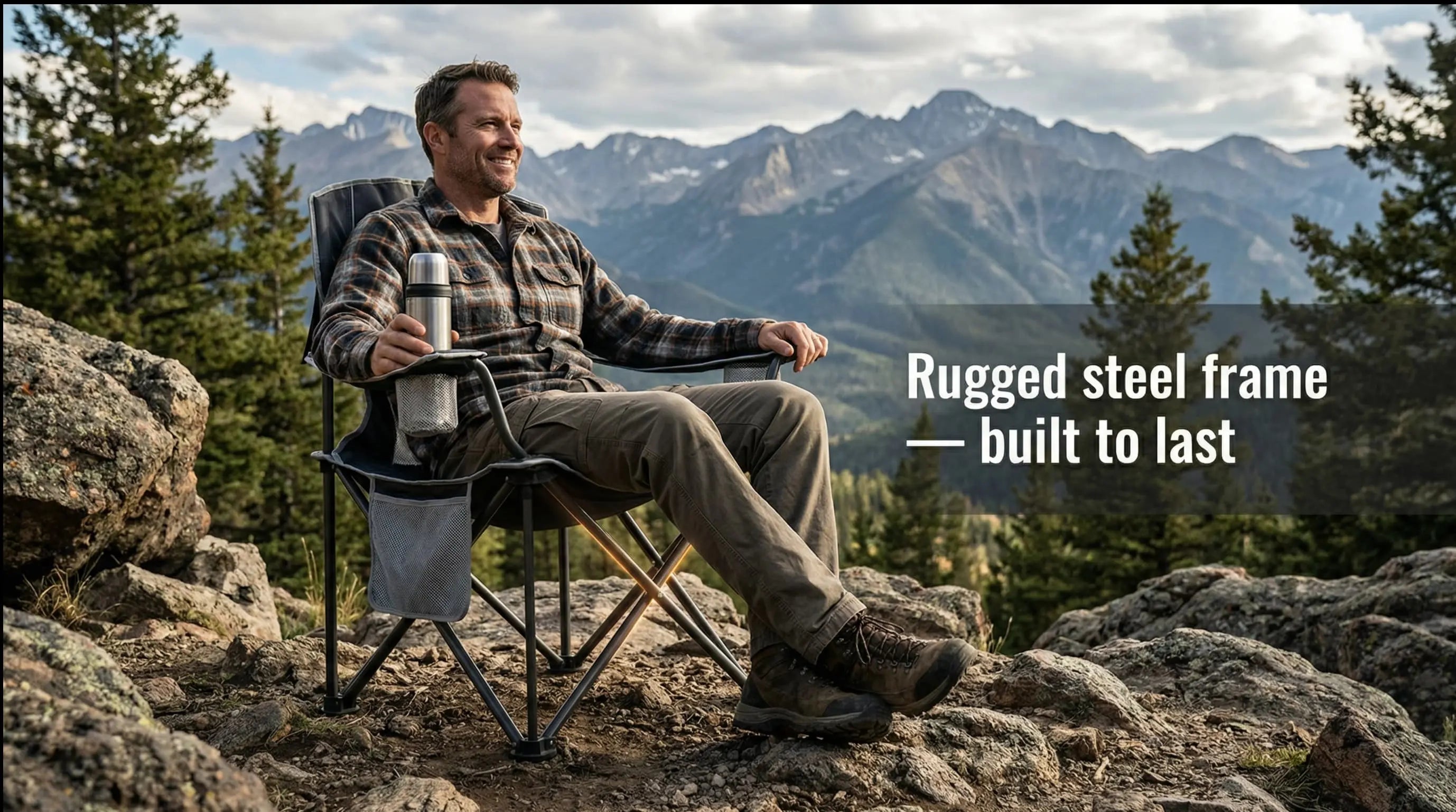 Man sitting on a camping chair in a mountainous landscape with text about a rugged steel frame.