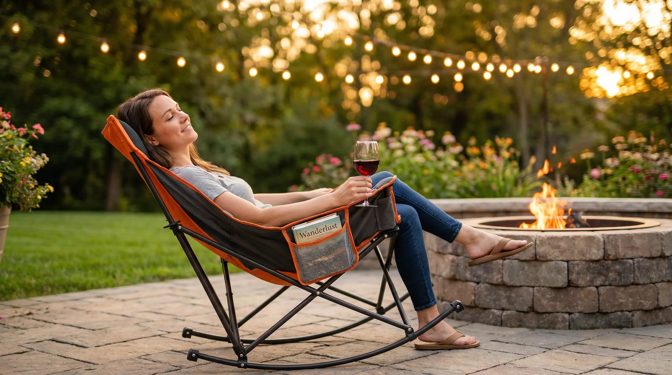 Woman relaxing in a camping chair by a fire pit in a garden setting