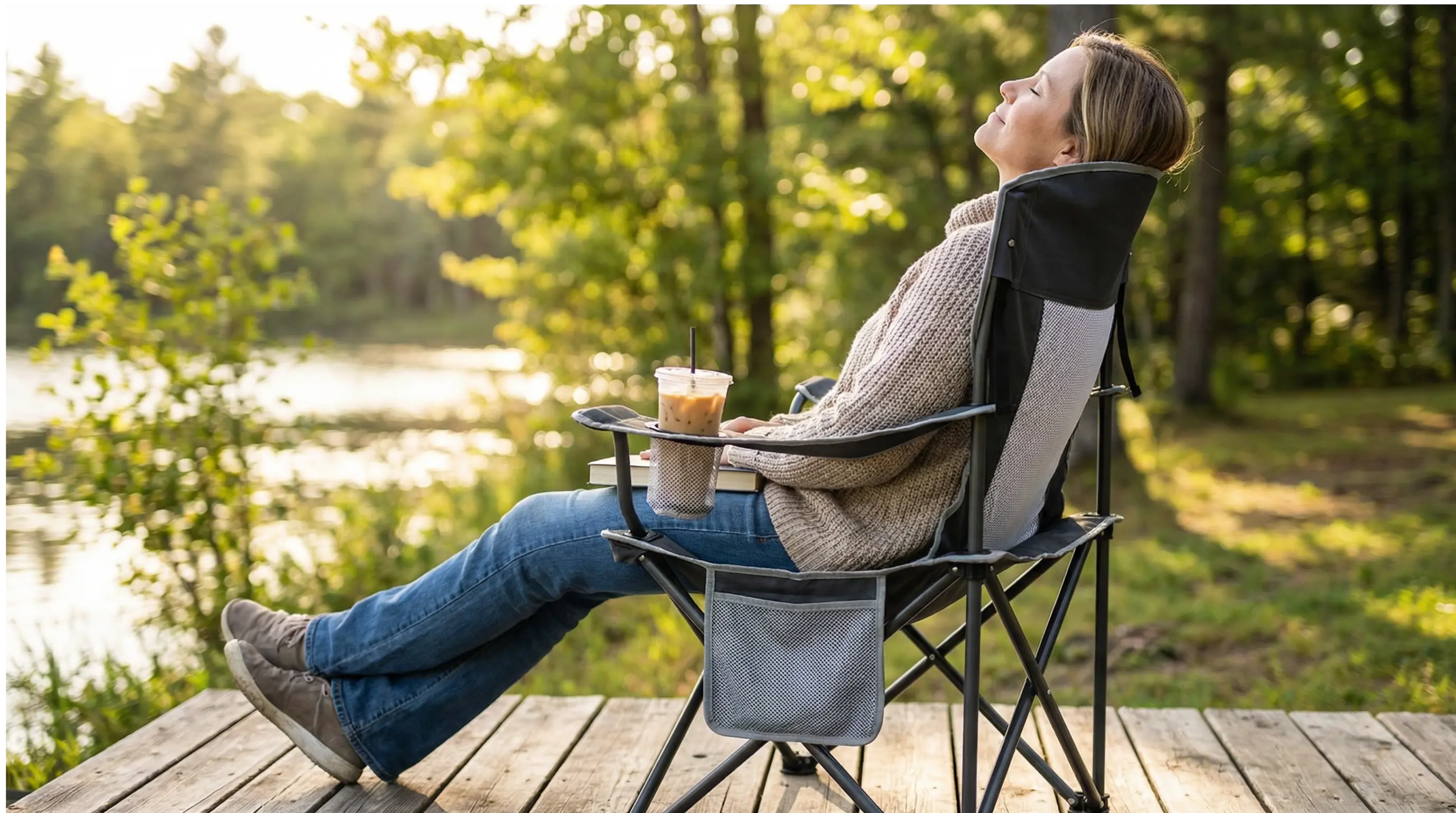 Person sitting in a camping chair by a lake, enjoying a drink.