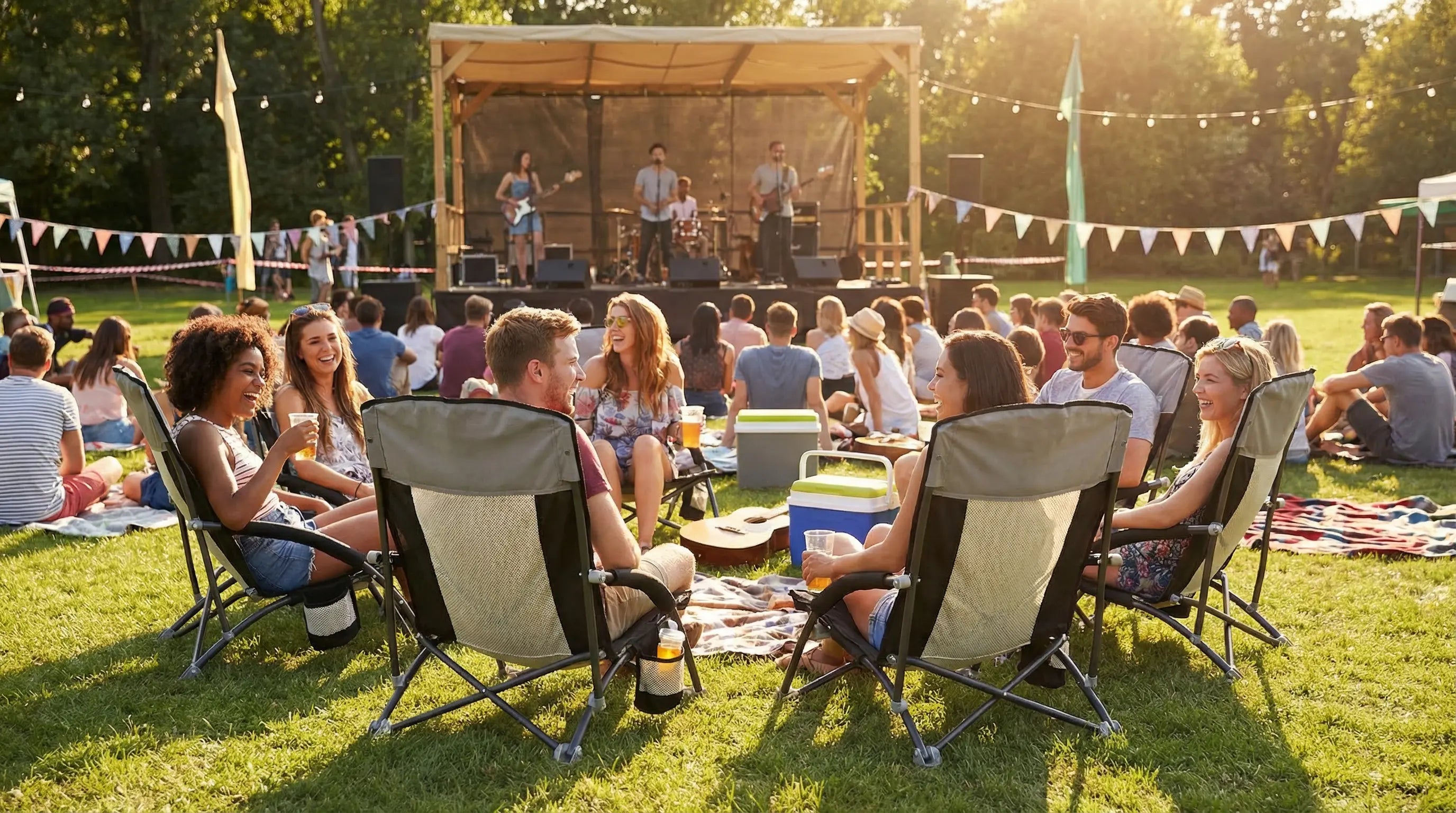 People sitting in lawn chairs at a music festival with a stage in the background.