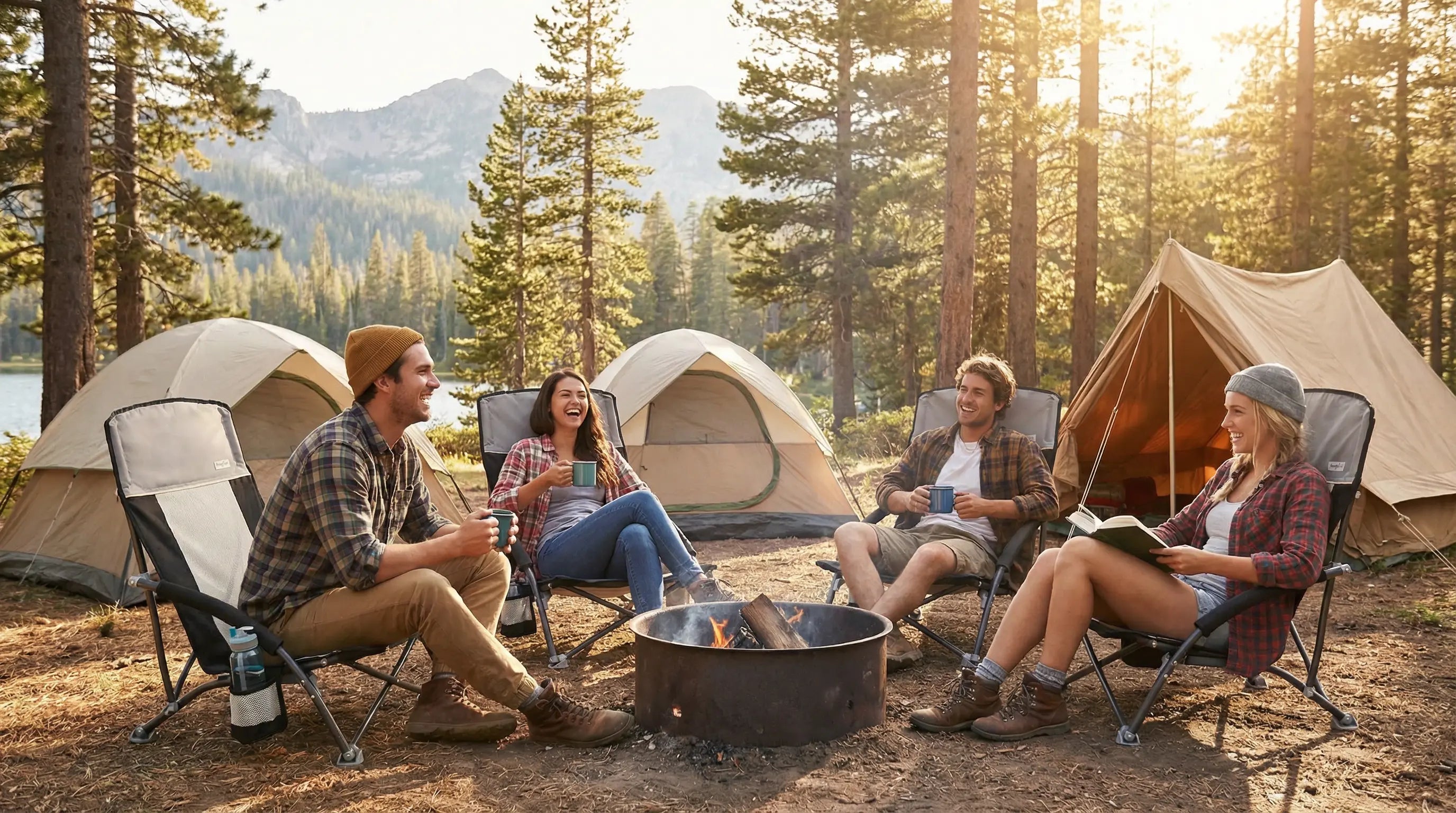 Group of people camping by a lake with tents and a fire pit.