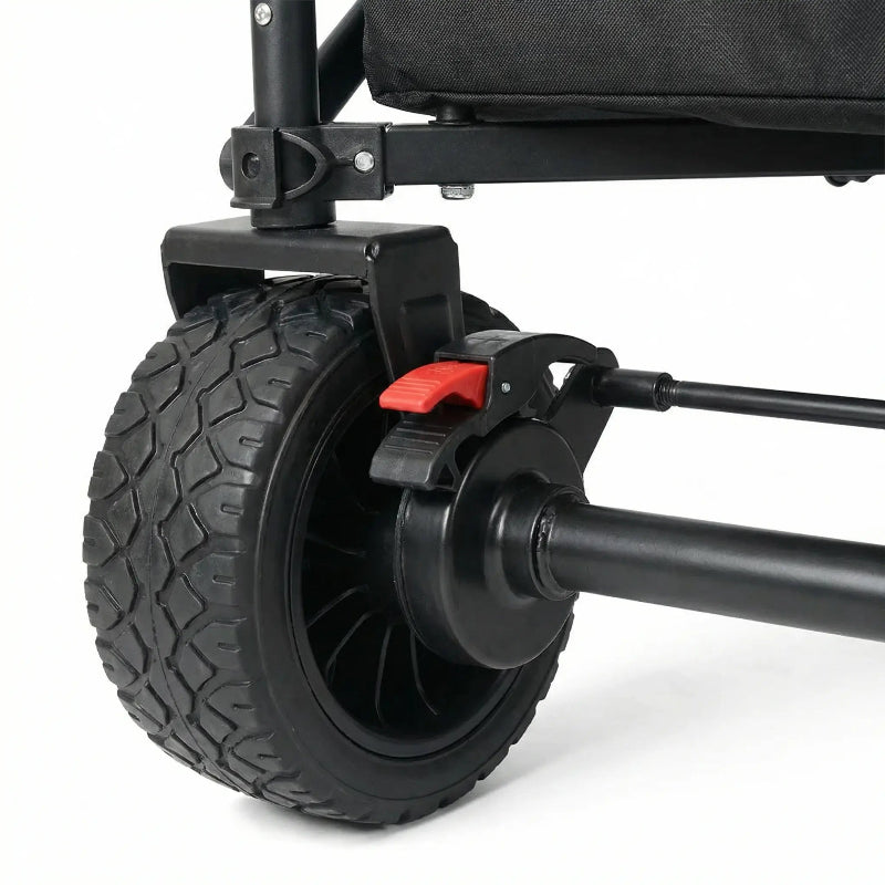 Close-up of a wheel and suspension mechanism on a black stroller.