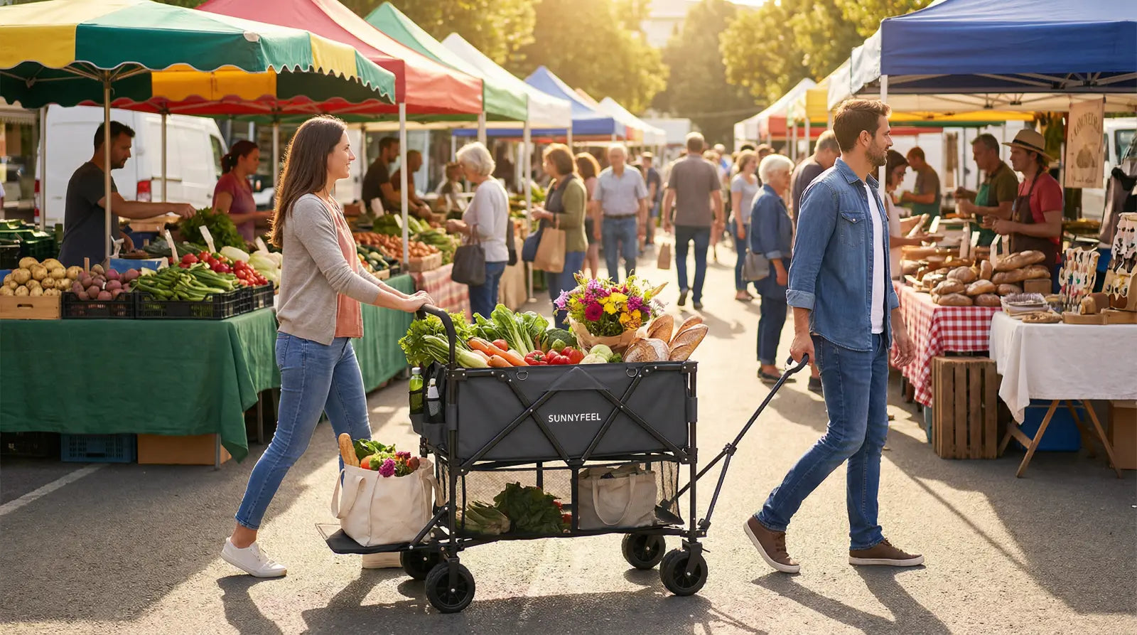 People shopping at an outdoor farmers market with colorful umbrellas and a variety of fresh produce.