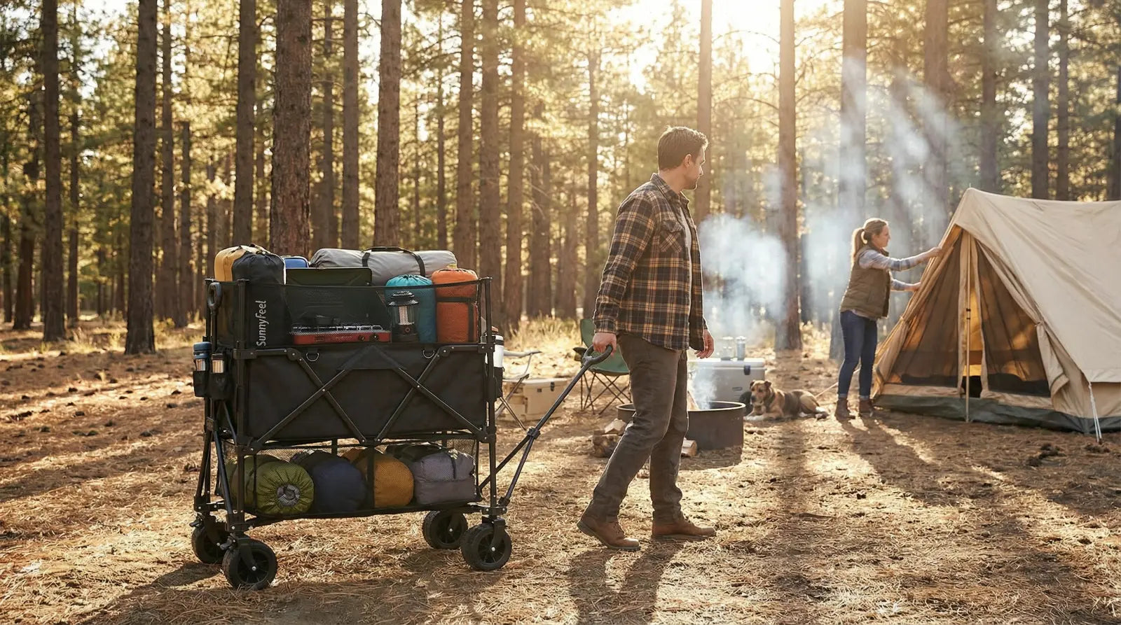 Two people camping in a forest with a cart full of gear and a tent.