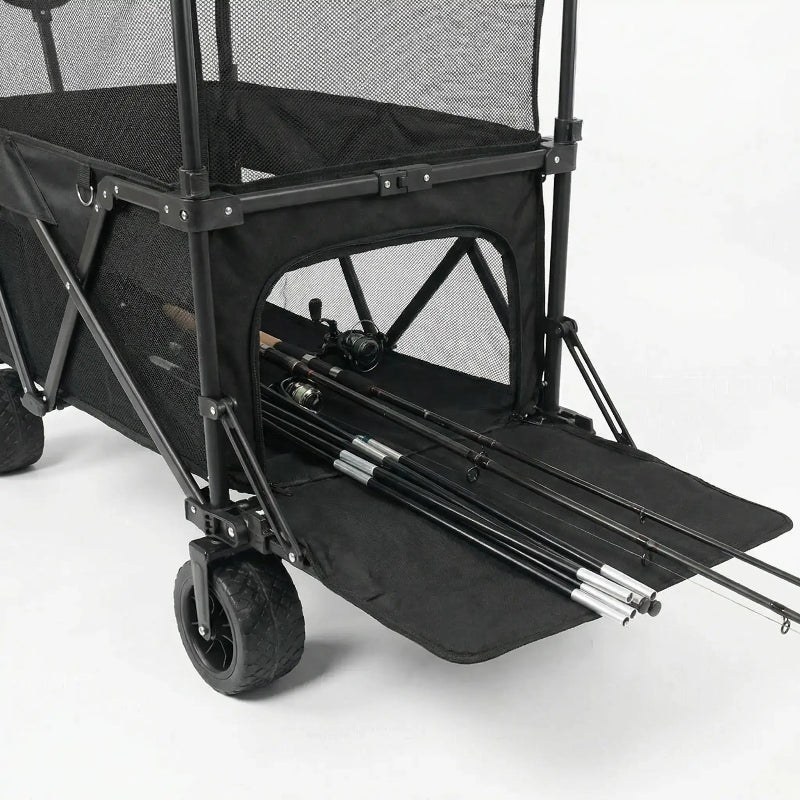 Black folding wagon with extendable sides on a white background