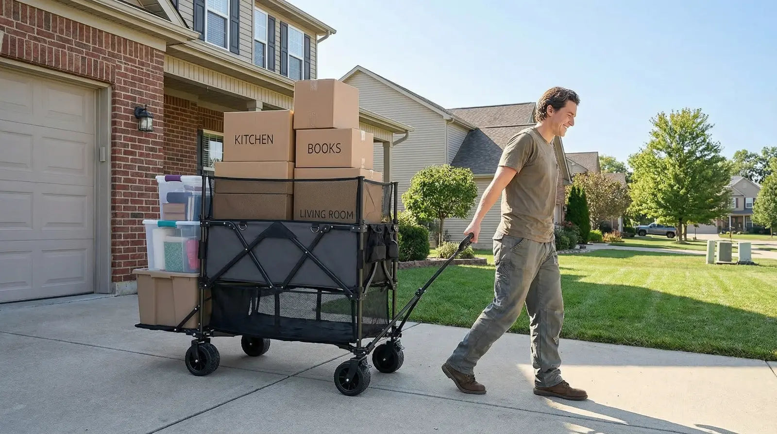 Man pushing a cart with boxes labeled 'Kitchen' and 'Books' in a suburban driveway.