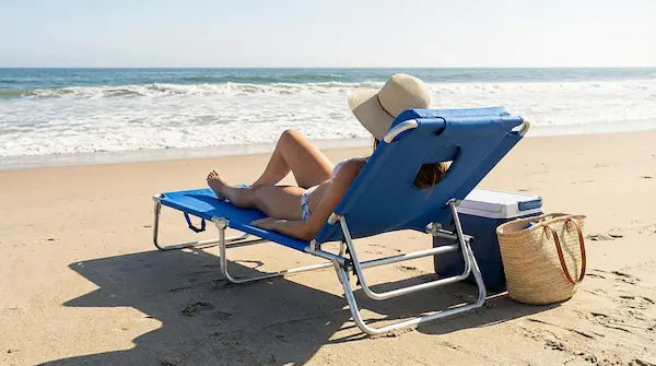 Person lounging on a blue beach chair by the ocean with a cooler and bag nearby.